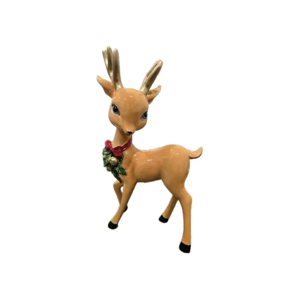New Resin Brown Retro Christmas Reindeer Deer W/ Garland On Neck Figurine Decor